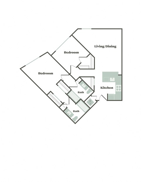 Floor plan for 2 beds, 2 baths, 1036 sqft